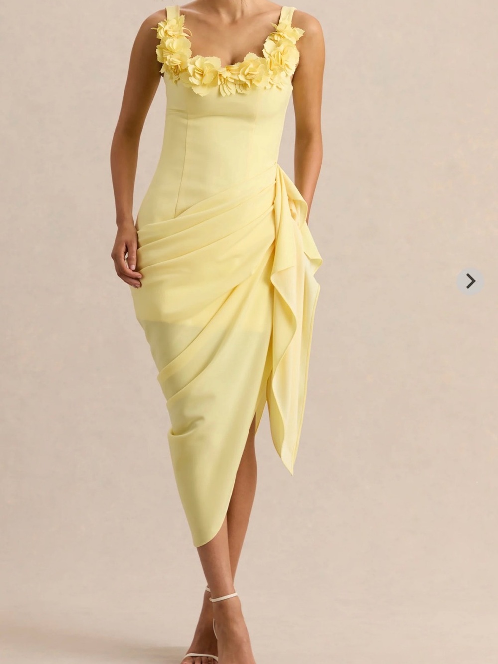 Sunlit Floral-Trim Yellow Draped Midi Dress